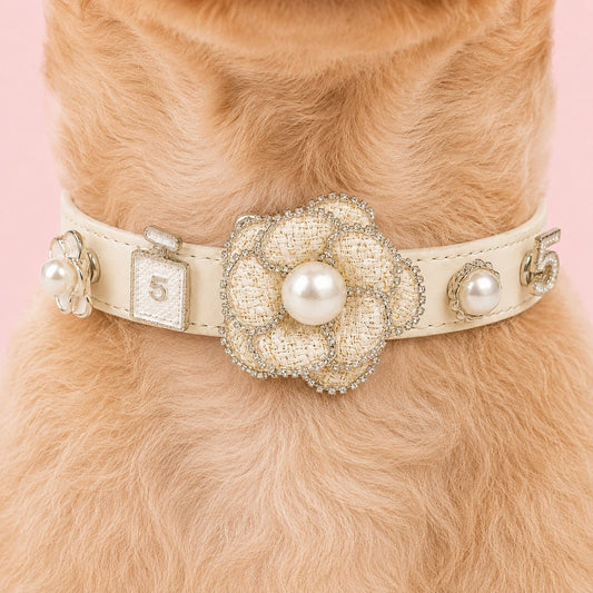 Personalized Dog Collar with White Camellia Interchangeable Charms in details