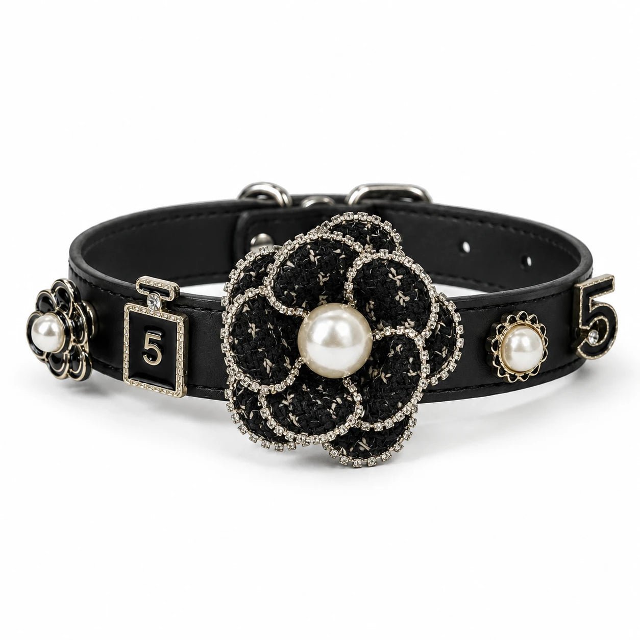 black leather dog collar with snap-on charms- PawPaw Palace - 