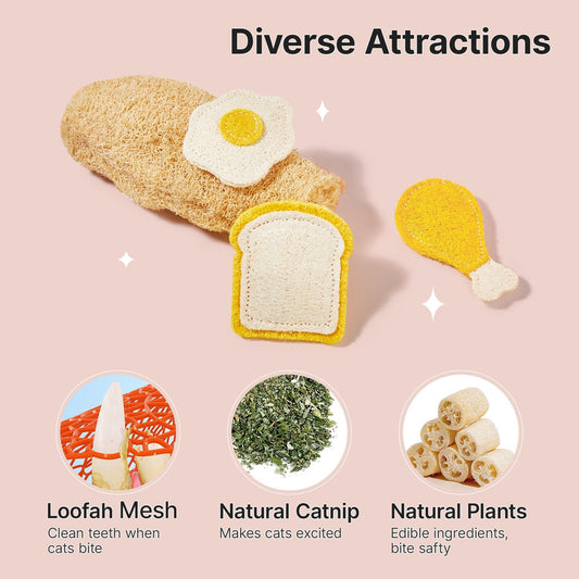 Cat Chew Toys with Catnip and Silvervine, 3PCS Interactive Kitten Loofa Dental Toys - PawPaw Palace - 