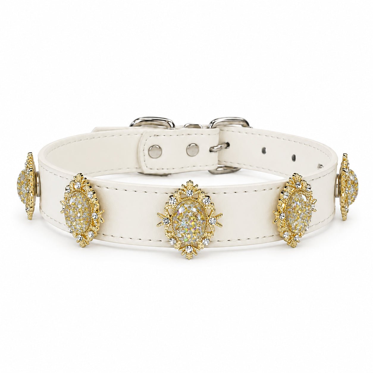 Champagne Aurora pearl dog collar charm on leather collar- PawPaw Palace - 