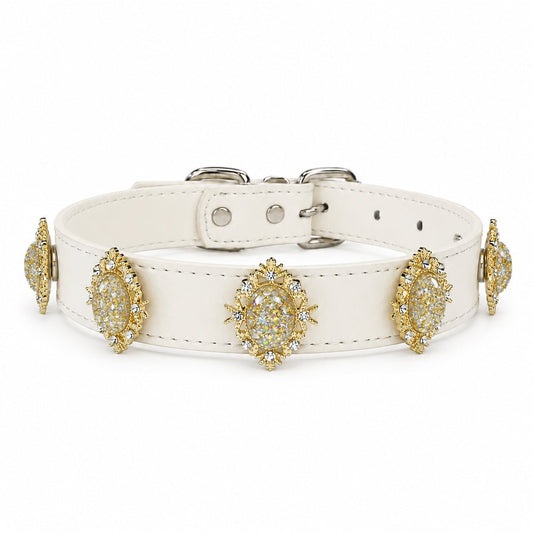 Champagne Aurora pearl dog collar charm on leather collar- PawPaw Palace - 