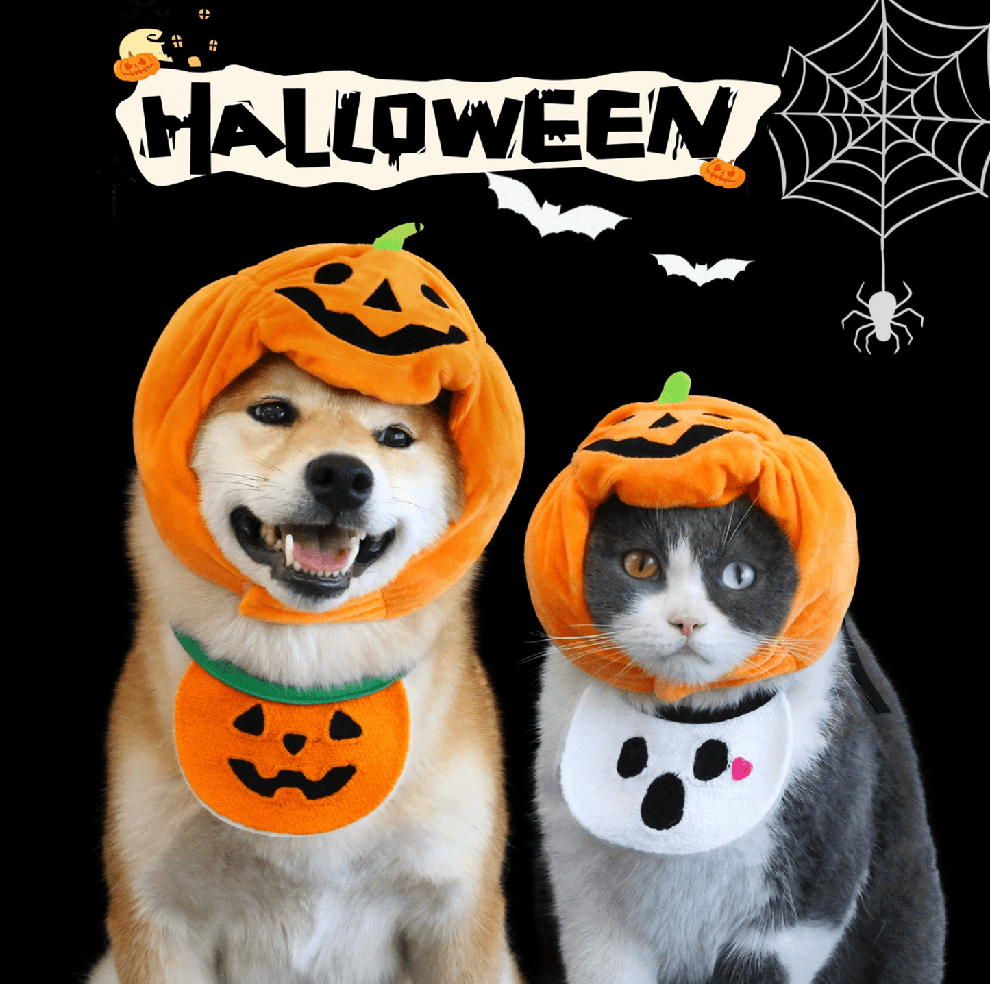 Halloween Pumpkin Hat & Ghost Bib Set for Cats and Dogs - PawPaw Palace - 