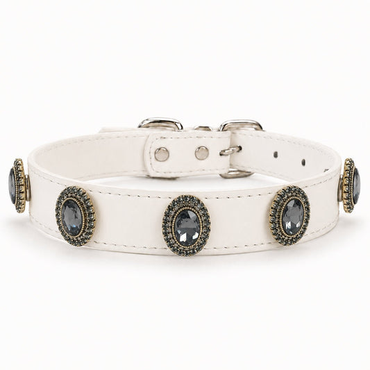 Midnight Gem pearl dog collar charm on leather collar- PawPaw Palace - 