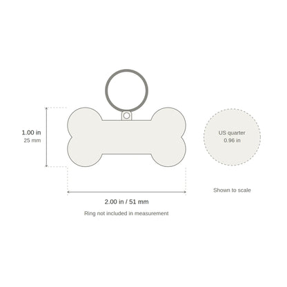 Personalized dog ID tag size bone shape compared with a coin for scale