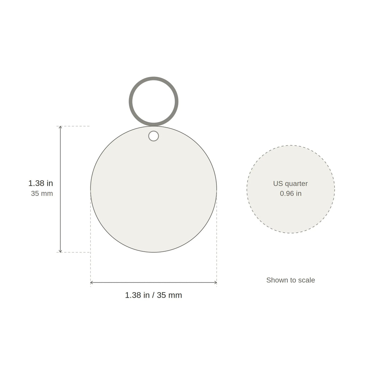 Personalized dog ID tag circle shape size compared with a coin for scale