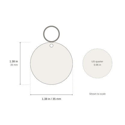 Personalized dog ID tag circle shape size compared with a coin for scale