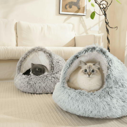 Plush Hooded Cat Bed | Self - Warming Cave - PawPaw Palace - 