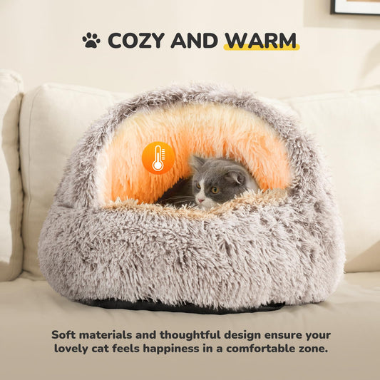 Plush Hooded Cat Bed | Self - Warming Cave - PawPaw Palace - 