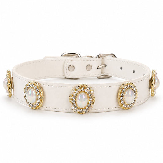 White Baroque Pearl pearl dog collar charm on leather collar- PawPaw Palace - 